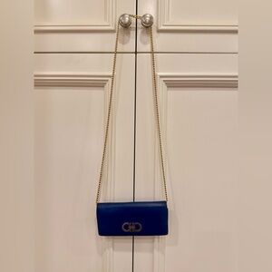 SALVATORE FERRAGAMO Gancini Blue Leather Long Continental Flap W/ Crossbody